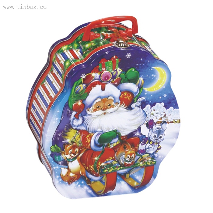 chocolate christmas hinged tin box with handle chocolate christmas hinged tin box with handle