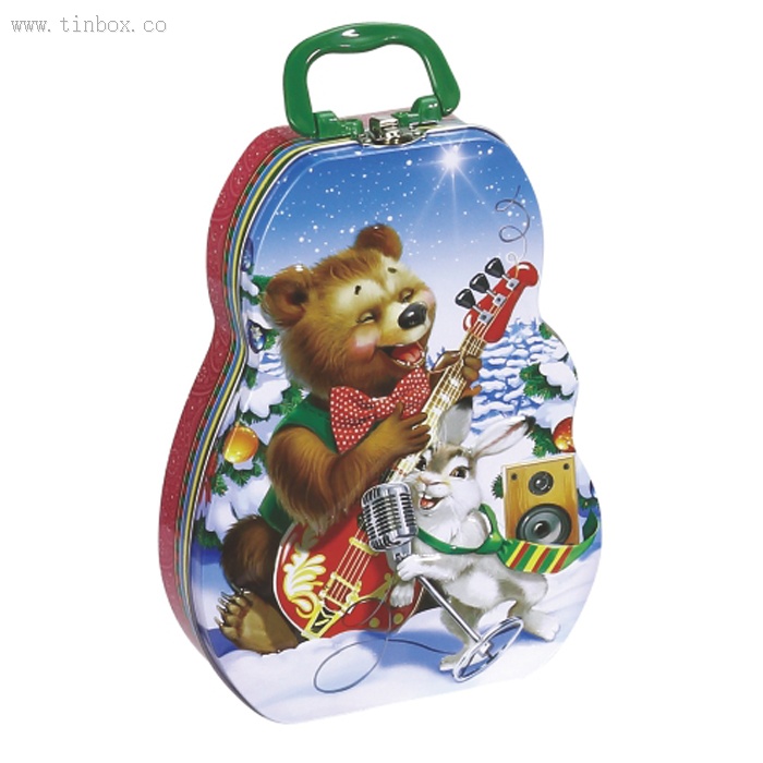 Christmas tin biscuit box with handle and lock Christmas tin biscuit box with handle and lock
