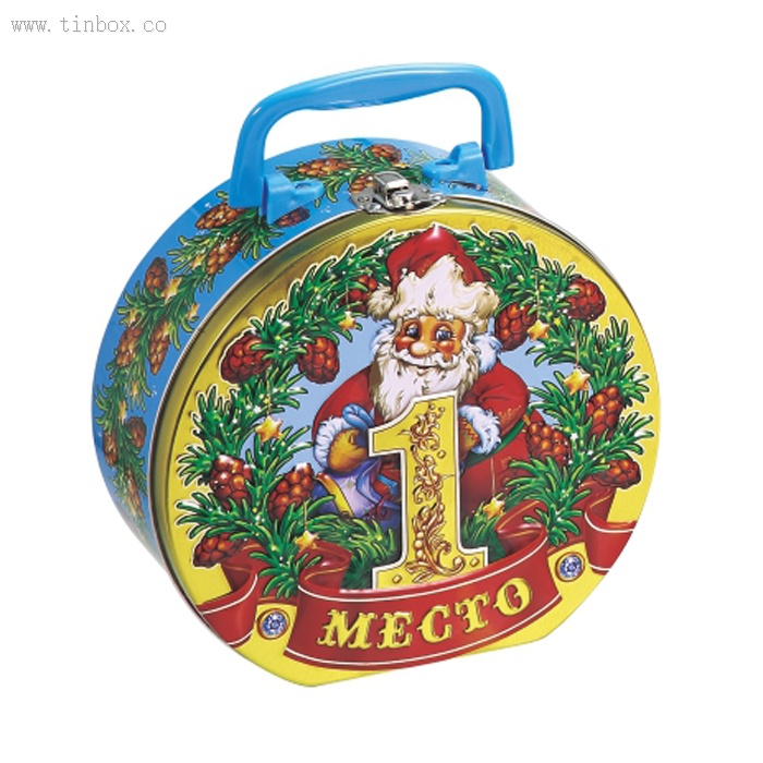 Round christmas tin box with handle Round christmas tin box with handle