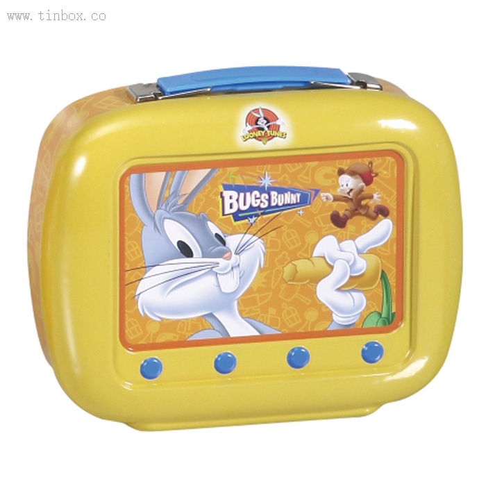 TV shaped candy tin with hinge and handle TV shaped candy tin with hinge and handle