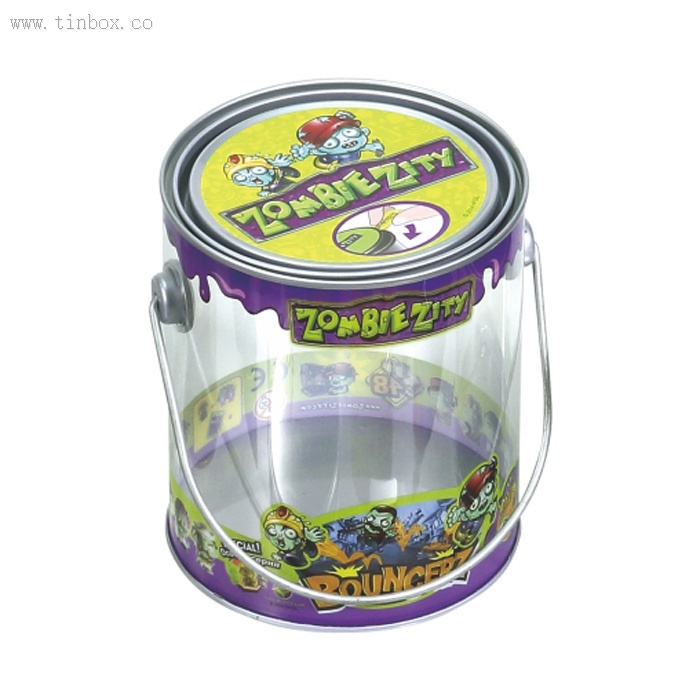 lever lid Christmas candy tin with clear side and handle lever lid Christmas candy tin with clear side and handle