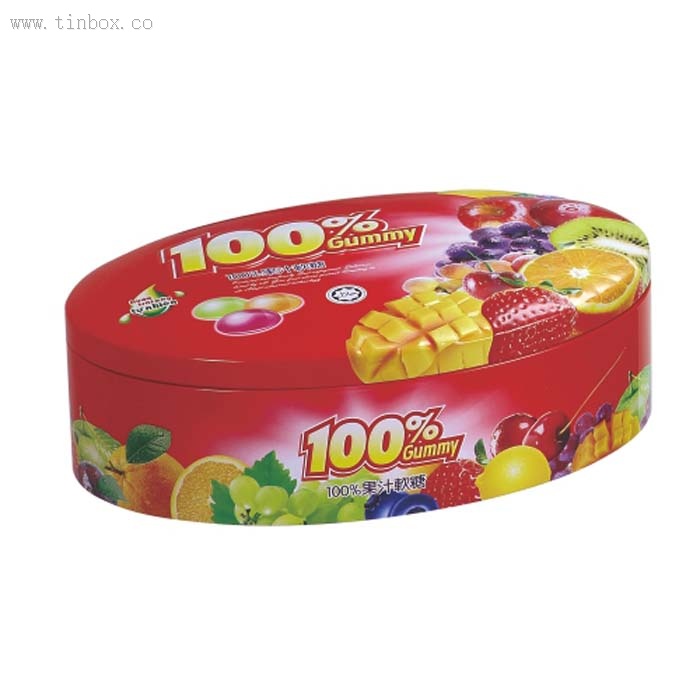 Oval shaped red candy tin can Oval shaped red candy tin can