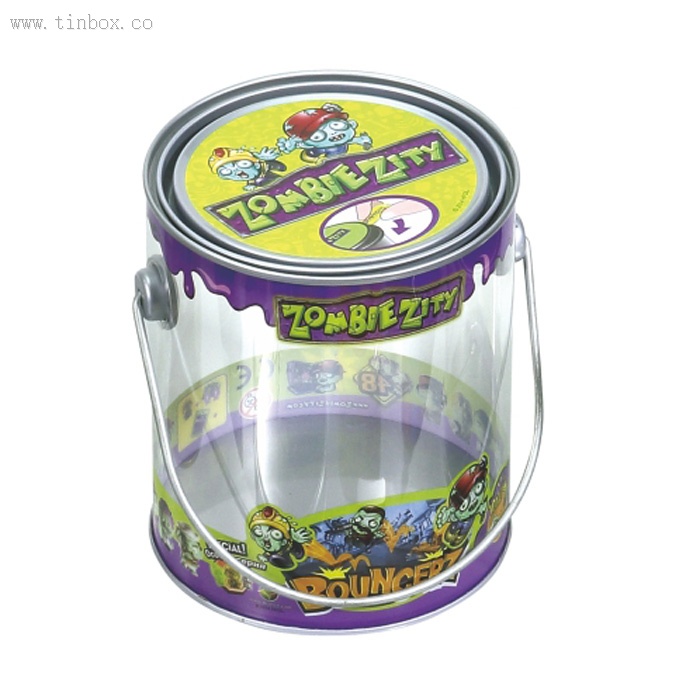 Customized Fancy printing Handle Round gift tin box with Clear plastic Body and tin lid Customized Fancy printing Handle Round gift tin box with Clear plastic Body and tin lid